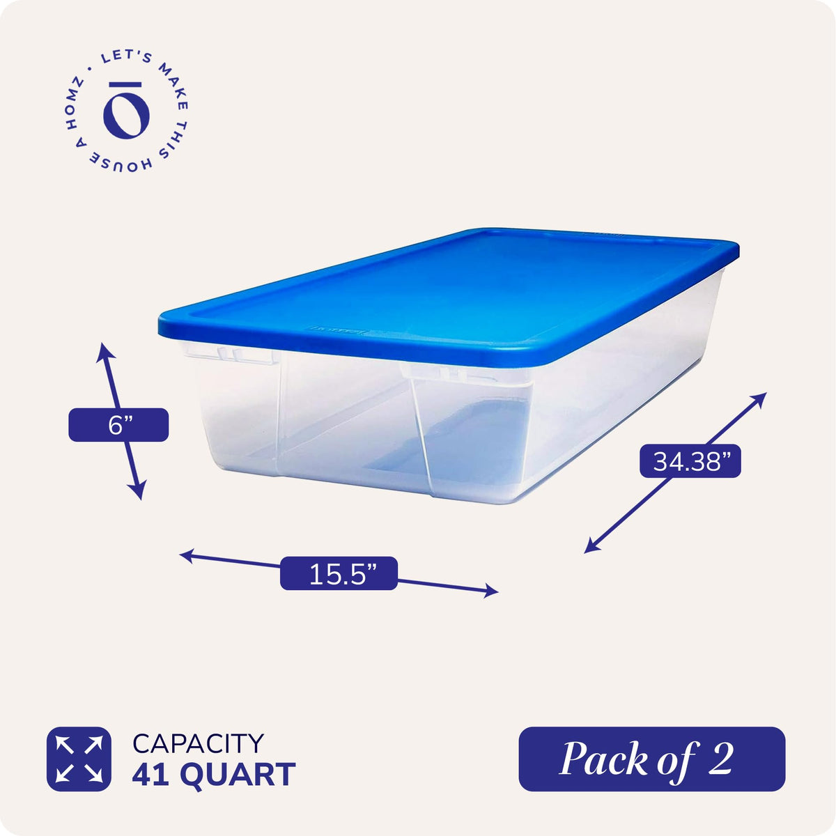 Homz Clear Storage Bin with Lid, Plastic Resin, Blue, Large-41 Quart