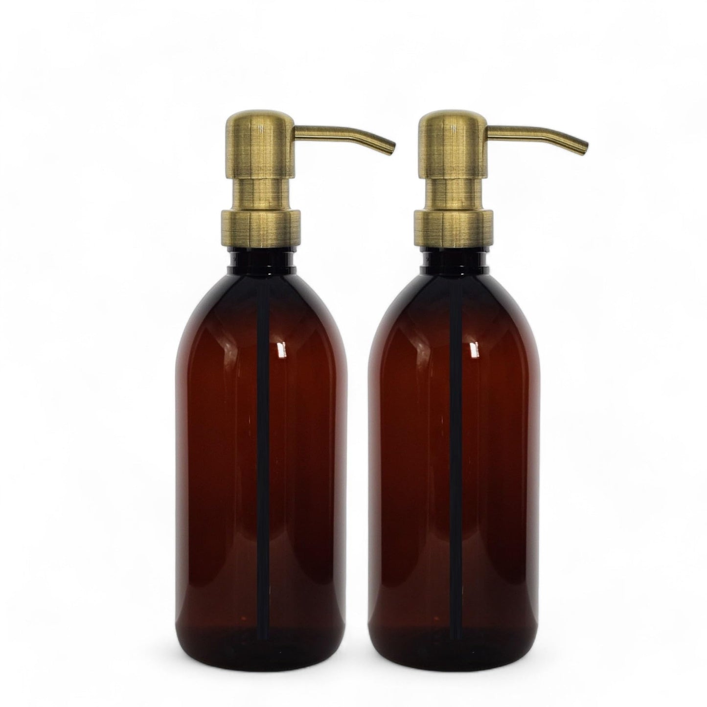 AVALON Brown Amber Plastic Bottles - Antique Brass Style Metal Pump 500ml - Pack of 2 - Refillable Plastic Soap Dispenser Bottle for Bathroom/Kitchen