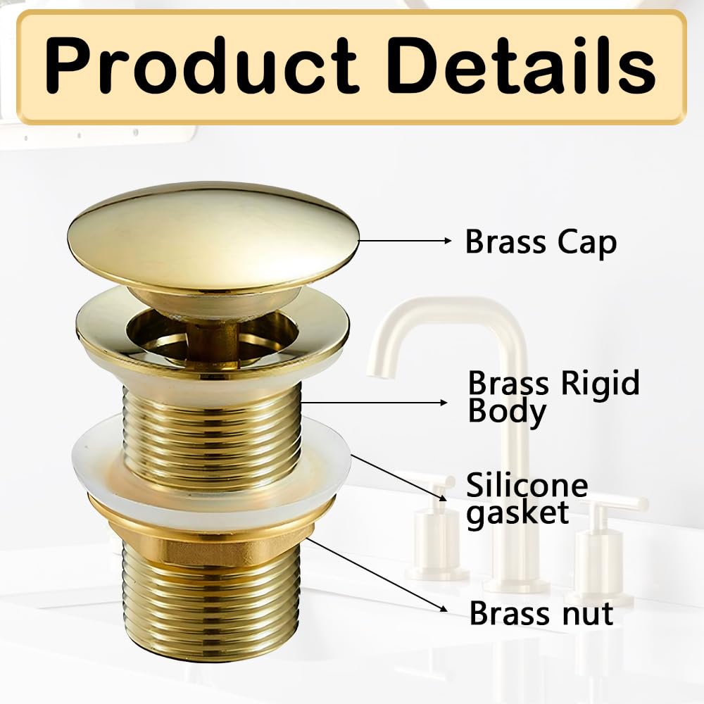 Gold Brass Basin Plug, Basin Sink Waste Slotted Pop Up Drain Plug, 1 PC Waste Drain Without Overflow for Wash Basin, Bathroom, Kitchen, Vessel Sinks