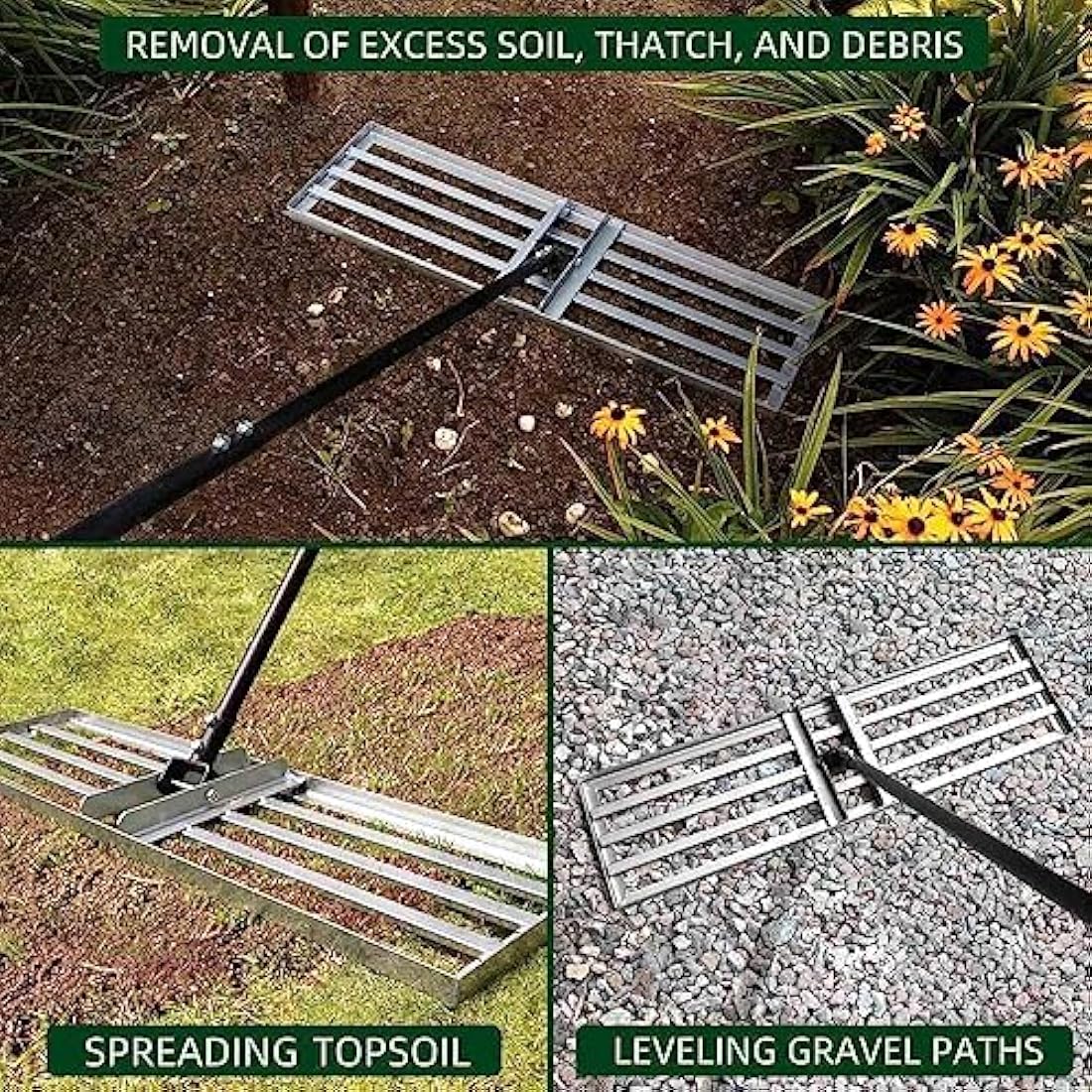 Byhagern Lawn Levelling Rake - Heavy Duty Lawn Leveller - 36" Wide 69" Handle Lawn Lute, Levelawn Tool for Garden, Golf Course, Farm, Backyard, UK-B4042, Silver