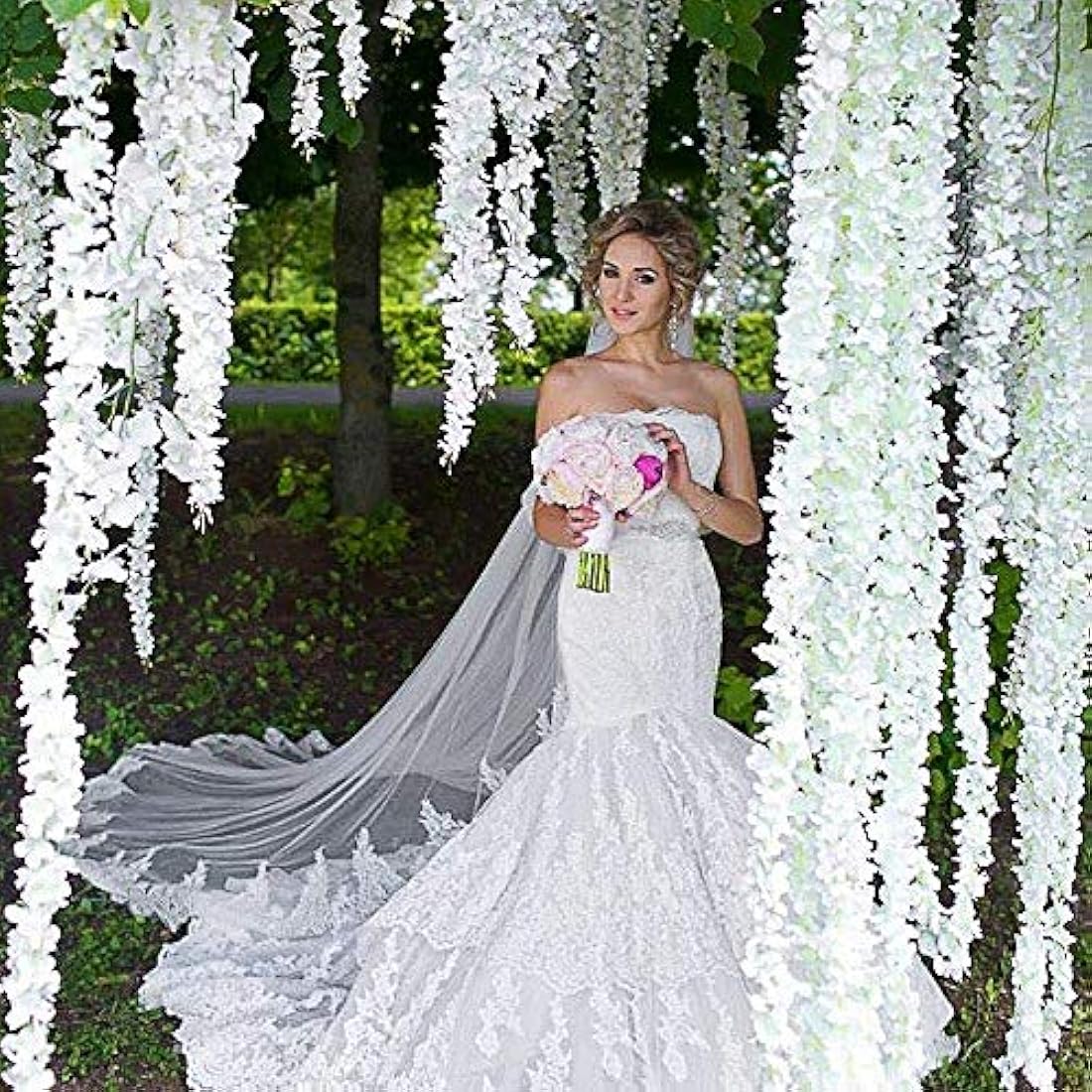 Veryhome 12PCS Artificial Wisteria Hanging Garland Fake Wisteria Vine Hanging Flower Bush String Artificial Flowers for Wedding Decorations,3.6 Feet (White)
