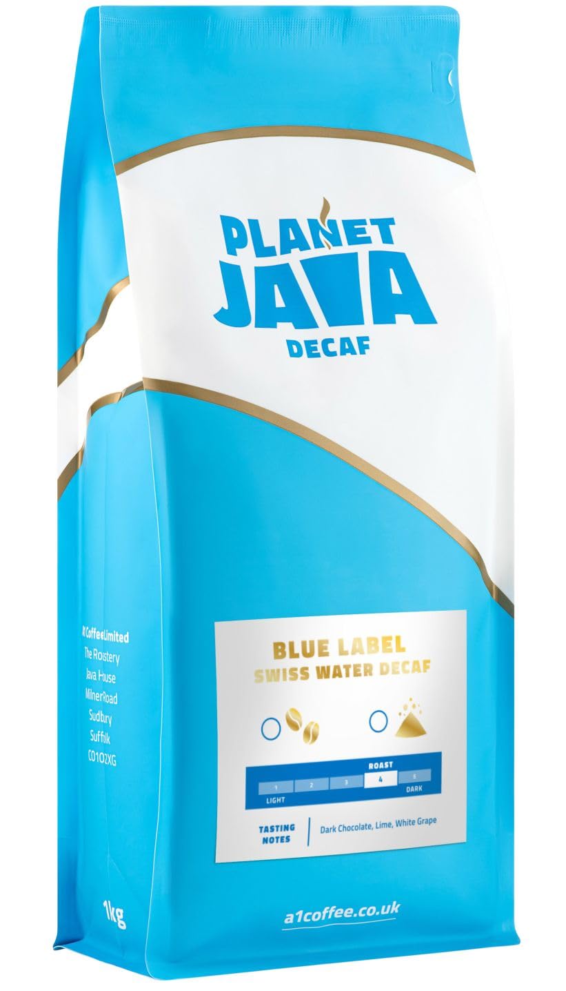 Planet Java Blue Label Swiss Water Decaf Coffee Beans (1 x 1kg Bag) - Award Winning Full Medium Roast Hand Roasted In The UK - 100% Arabica