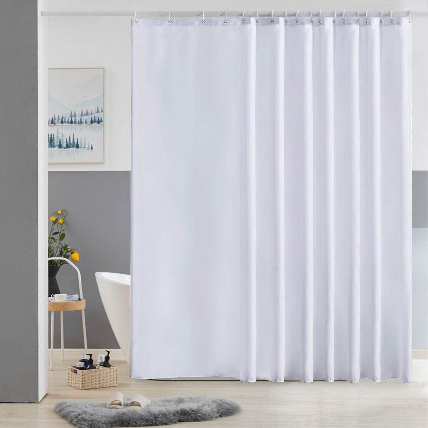 Furlinic Extra Wide Shower Curtain Fabric Washable Mould Proof Waterproof for Bathroom Bath Curtains Sets With 18 PCS Plastic Hooks White 108 x 72