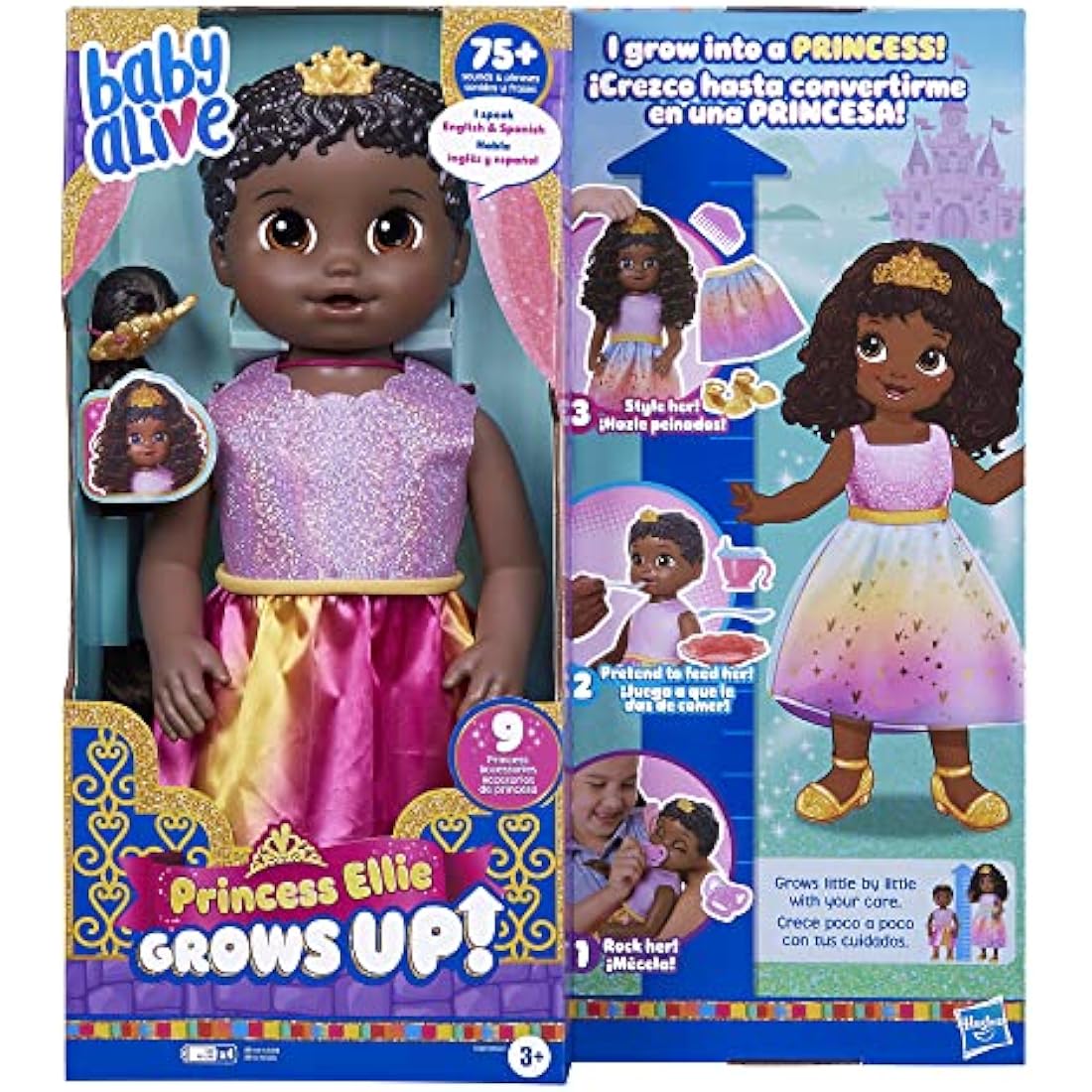 Baby Alive Princess Ellie Grows Up! Black Hair Doll, Interactive Baby Doll with Accessories, Talking Baby Dolls, Toys for 3 Year Old Girls and Boys and Up, 18-Inch