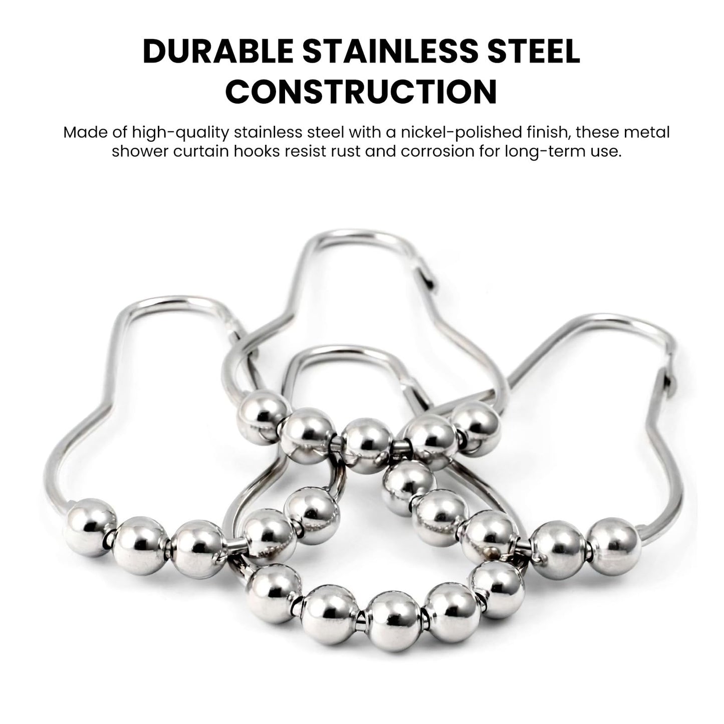 12 PCS Shower Curtain Hooks, Silver Stainless Steel Shower Curtains Rings with Roller Balls, Rust-Resistant, Heavy-Duty Closure