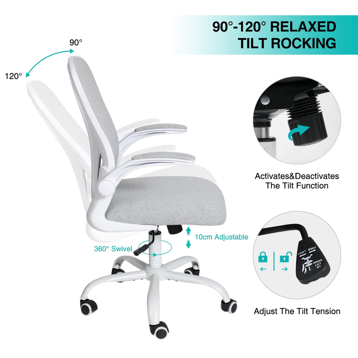 Fullwatt Ergonomic Desk Chair - Flip-up Armrest Mesh with Lumbar Support, Mid-Back for Home Office & Conference Rooms, Grey