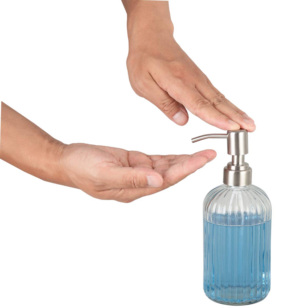 Plomkeest Glass Soap Dispenser 14oz Clear Glass Jar Soap Dispenser with Rust Proof Stainless Steel Pump Liquid Soap Dispenser for