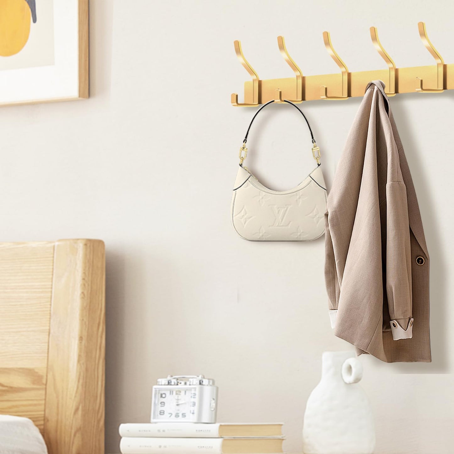 MEIJO Coat Hooks Wall Mounted Stainless Steel, Gold Coat Rack Wall Mounted with 6 Hooks Heavy Duty Coat Hooks for Door, Bathroom, Bedroom, Kitchen