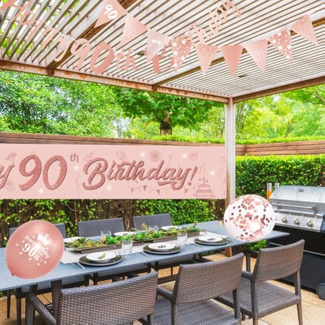 DEARLIVES 14 Pieces 90th Happy Birthday Decorations,Rose Gold 90th Birthday Party Supplies Including Happy 90th Birthday Banners Birthday Straps Triangle Flag Bunting Confetti Latex Balloons