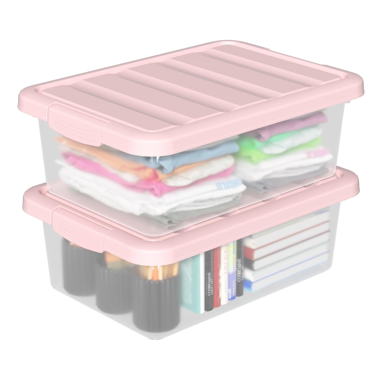 Yesdate 2 Pack 16 L Plastic Storage Boxes Clear Box & Pink Lid, Stackable Nestable Under Bed Boxes for Home, Office, Accessories