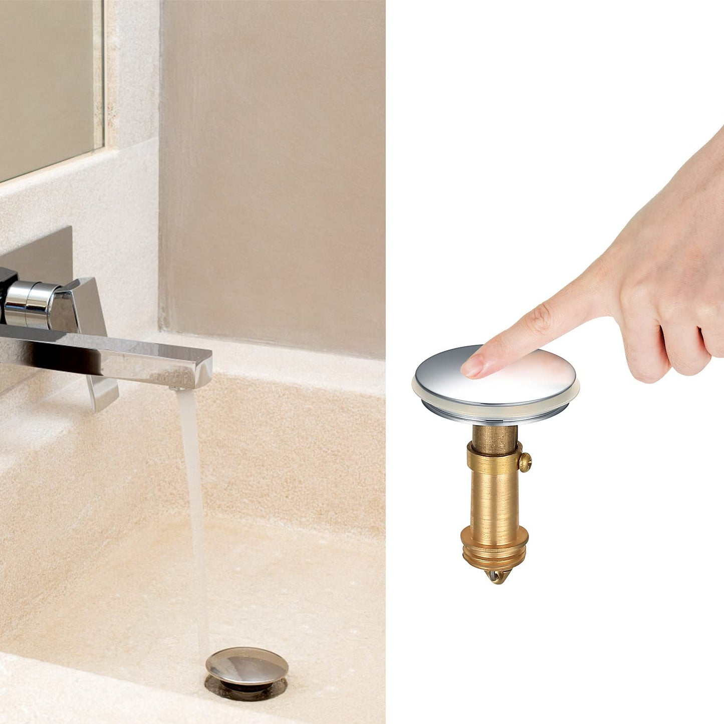 38mm Pop Up Sink Plugs, Bathroom Push Drain Stopper, Brass Chrome