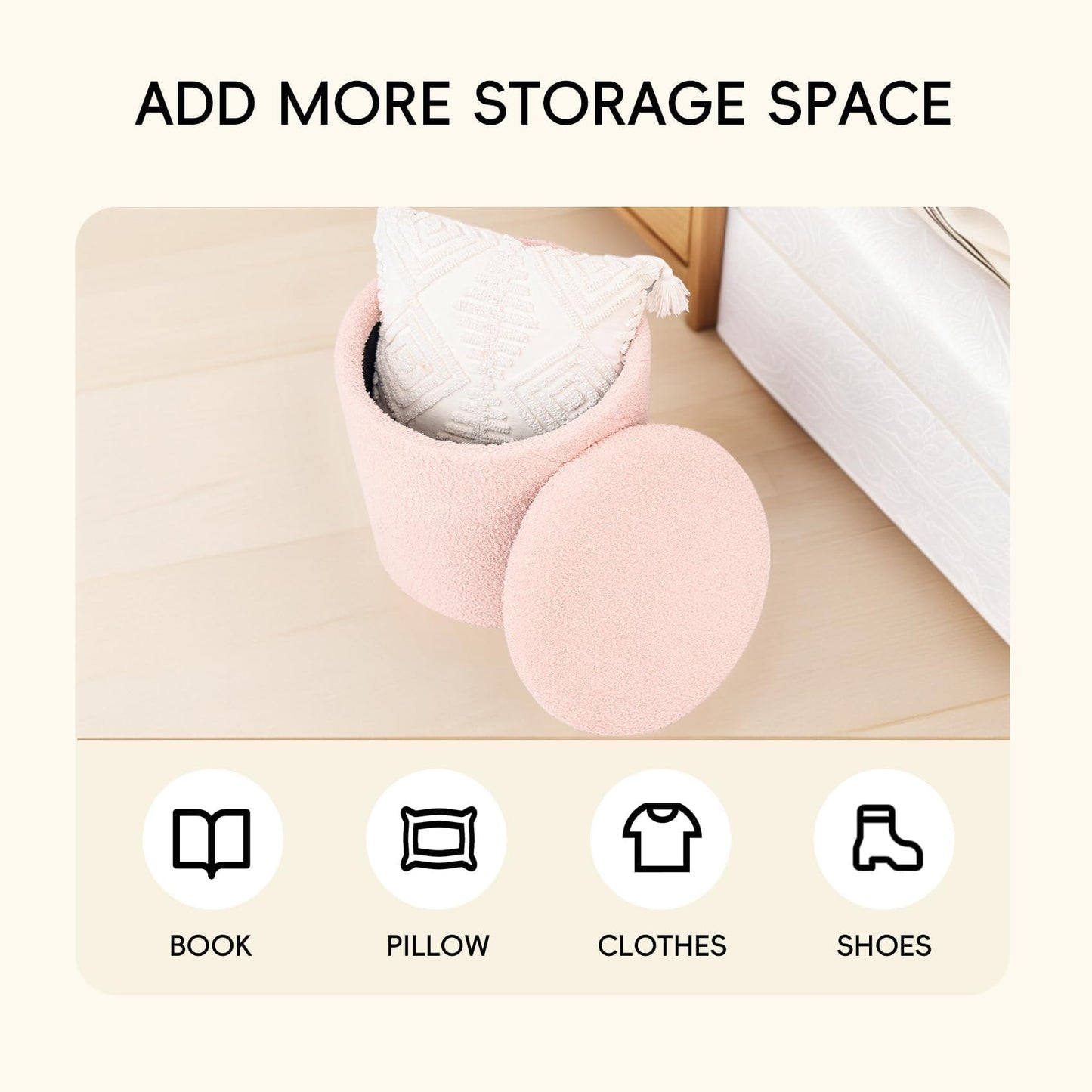 PINPLUS Round Ottoman Storage Box, Folding Stool, Pink, 43x43x45 cm