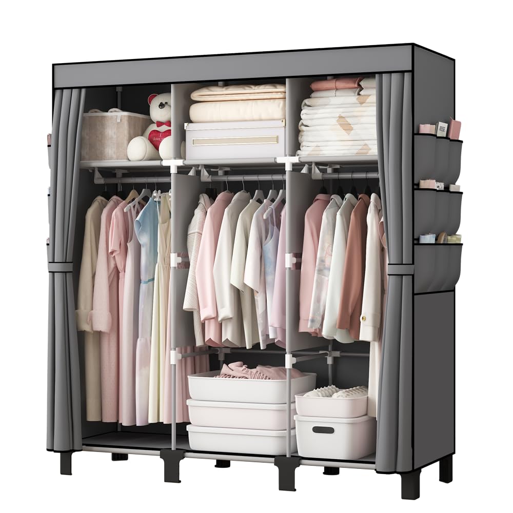 dongliangqinying Portable Fabric Wardrobe, 130x45x170cm Foldable Closet with 3 Hanging Areas and 18 Side Pockets