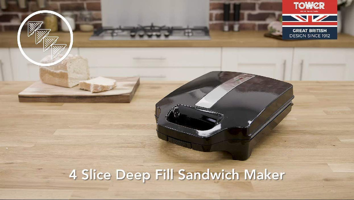 Tower T27021 4 Slice Deep Fill Sandwich Maker with Extra-Deep, Non-Stick Ceramic Coated Plates, Automatic Temperature Control, 1600W, Black