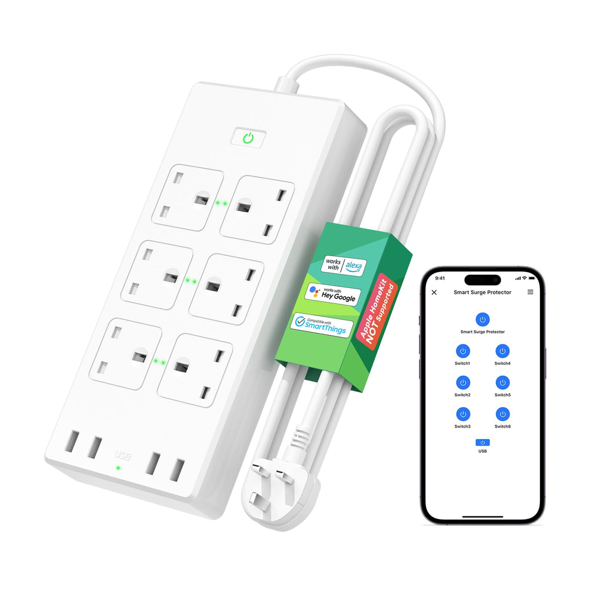 Meross Smart Power Strip with USB, 6 AC Outlets and 4 USB Ports, Alexa extension lead Compatible with Alexa, Google, SmartThings, 2.4GHz WiFi