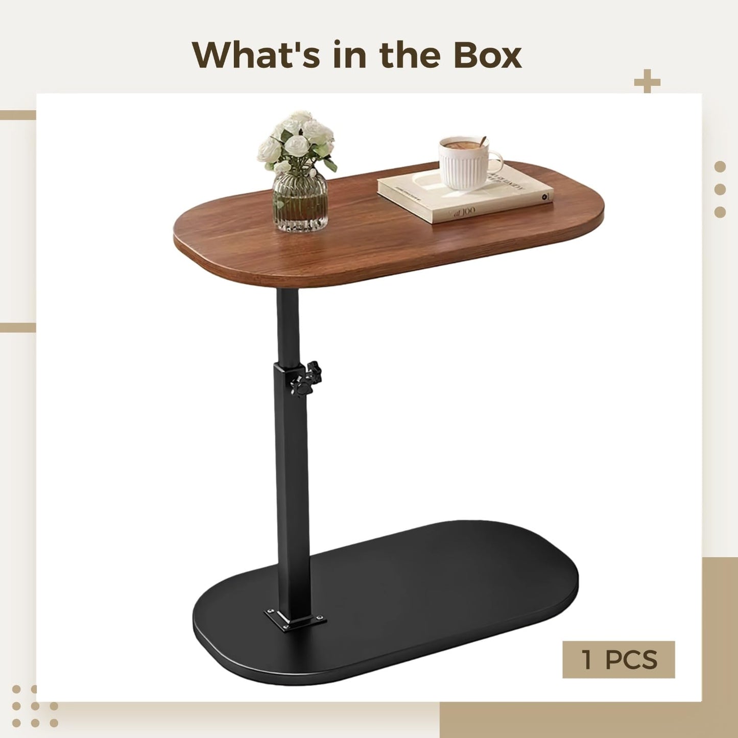 Packool Adjustable C Shaped Sofa Side Table, Swivel End Table for Couch, Modern Mini Table with Wooden Top, Height Adjustable from 45cm to 80cm