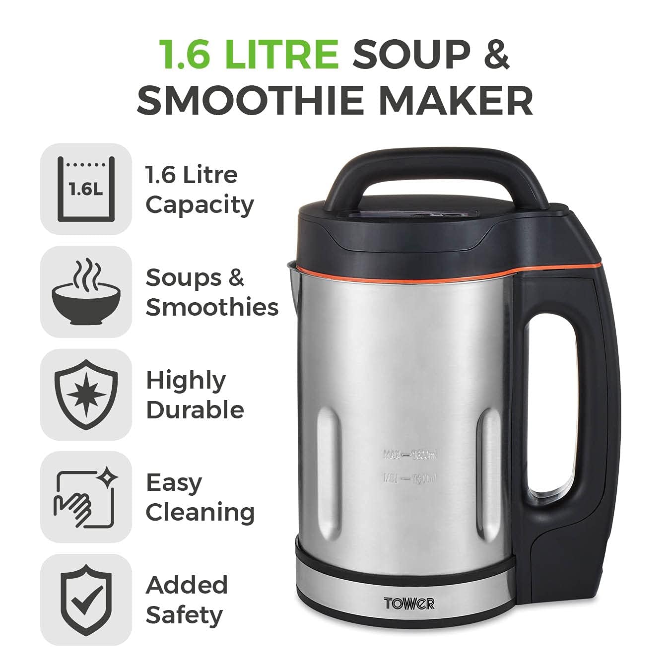 Tower T12031 Soup & Smoothie Maker with Intelligent Control System and Stainless Steel Jug and Blade, 1000W, 1.6 Litre, Stainless Steel