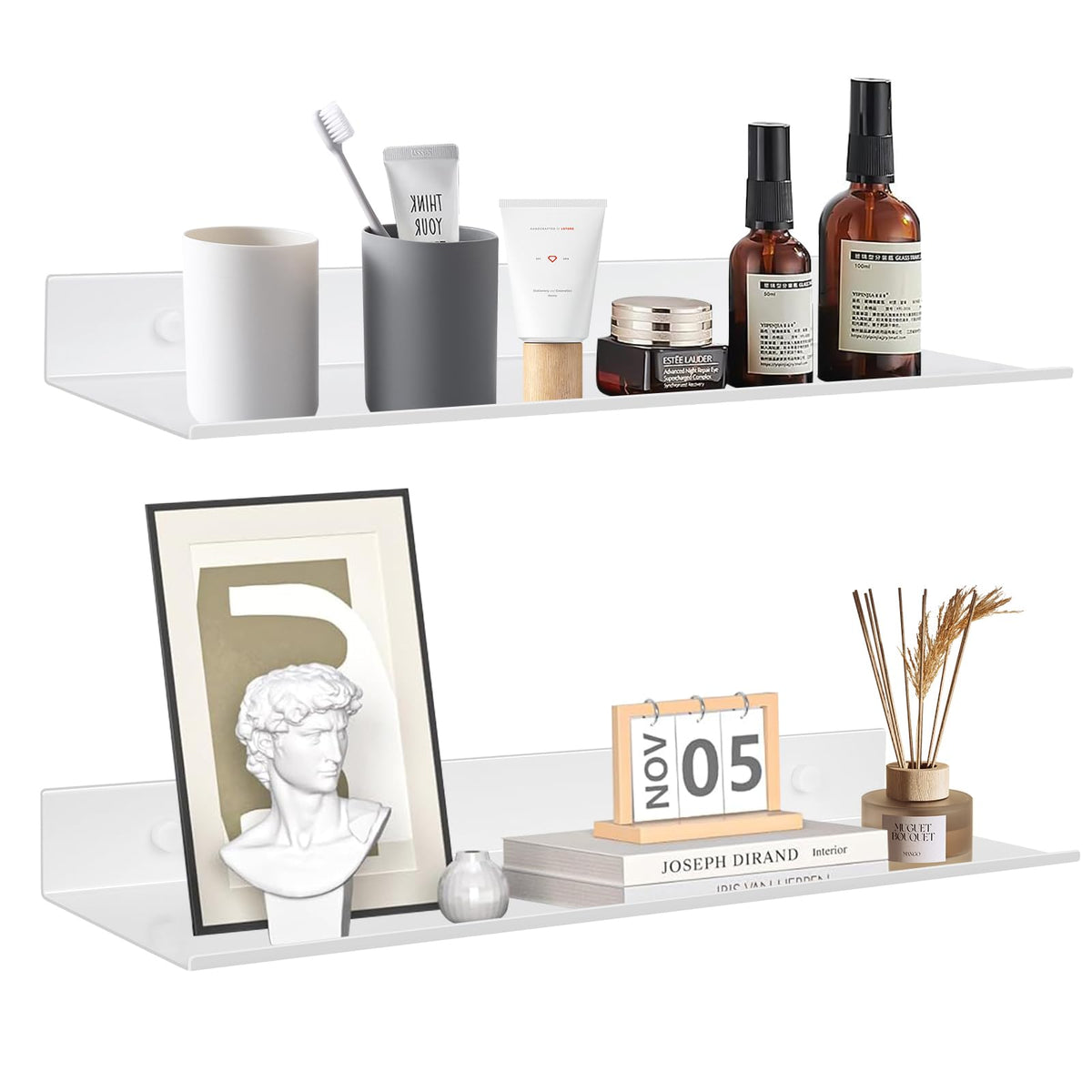 YUET Bathroom Shelf 2 Pack 40CM, White Shower Caddy Wall Mounted Or Self Adhesive Waterproof, Metal Small Floating Shelves, Wall Storage Shelf for