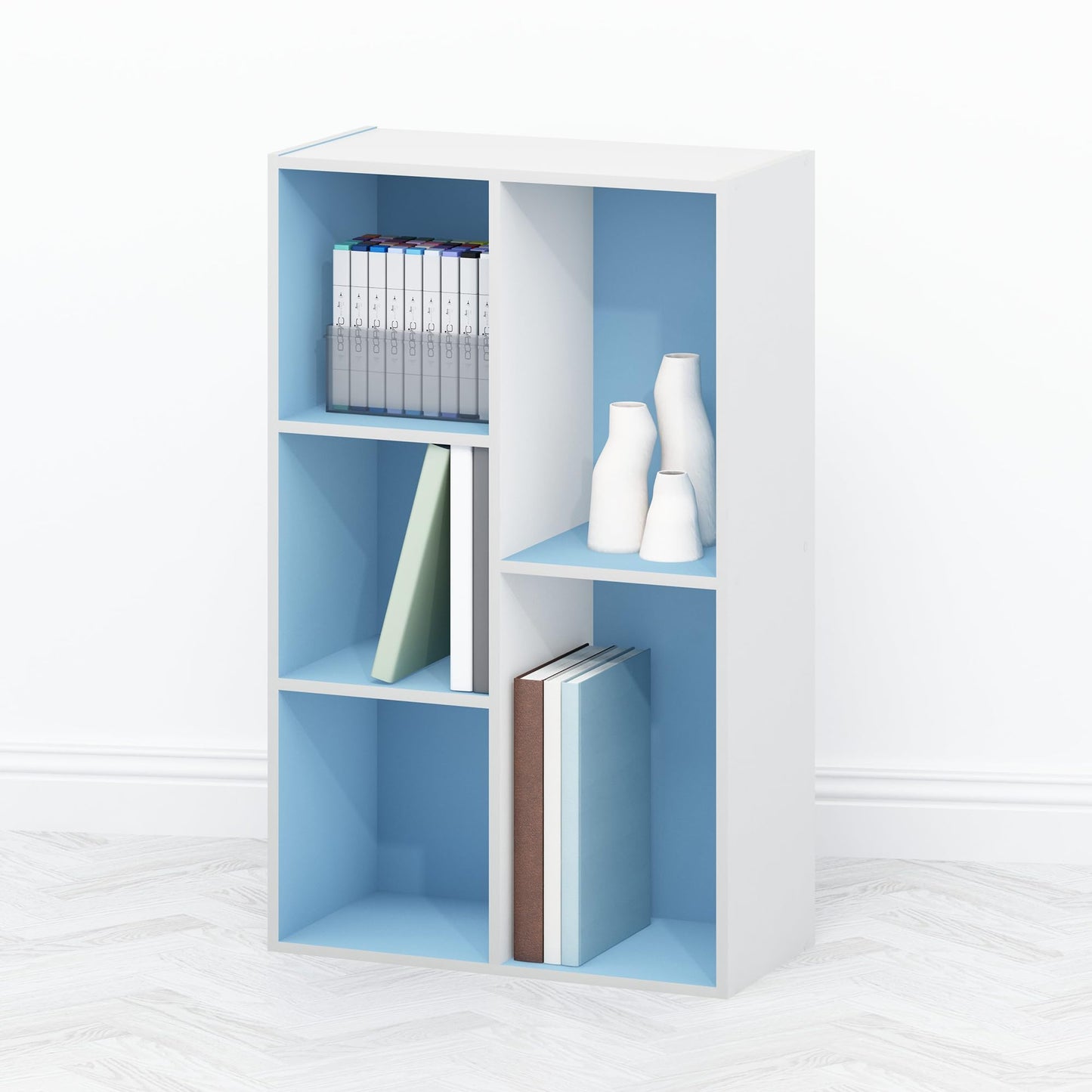 Furinno TOMI Book Shelf, 5-Cube Bookshelf, Reversible Bookcase, 23.88 x 49.53 x 80cm, for Living Room, Bedroom, Home Office, Light Blue