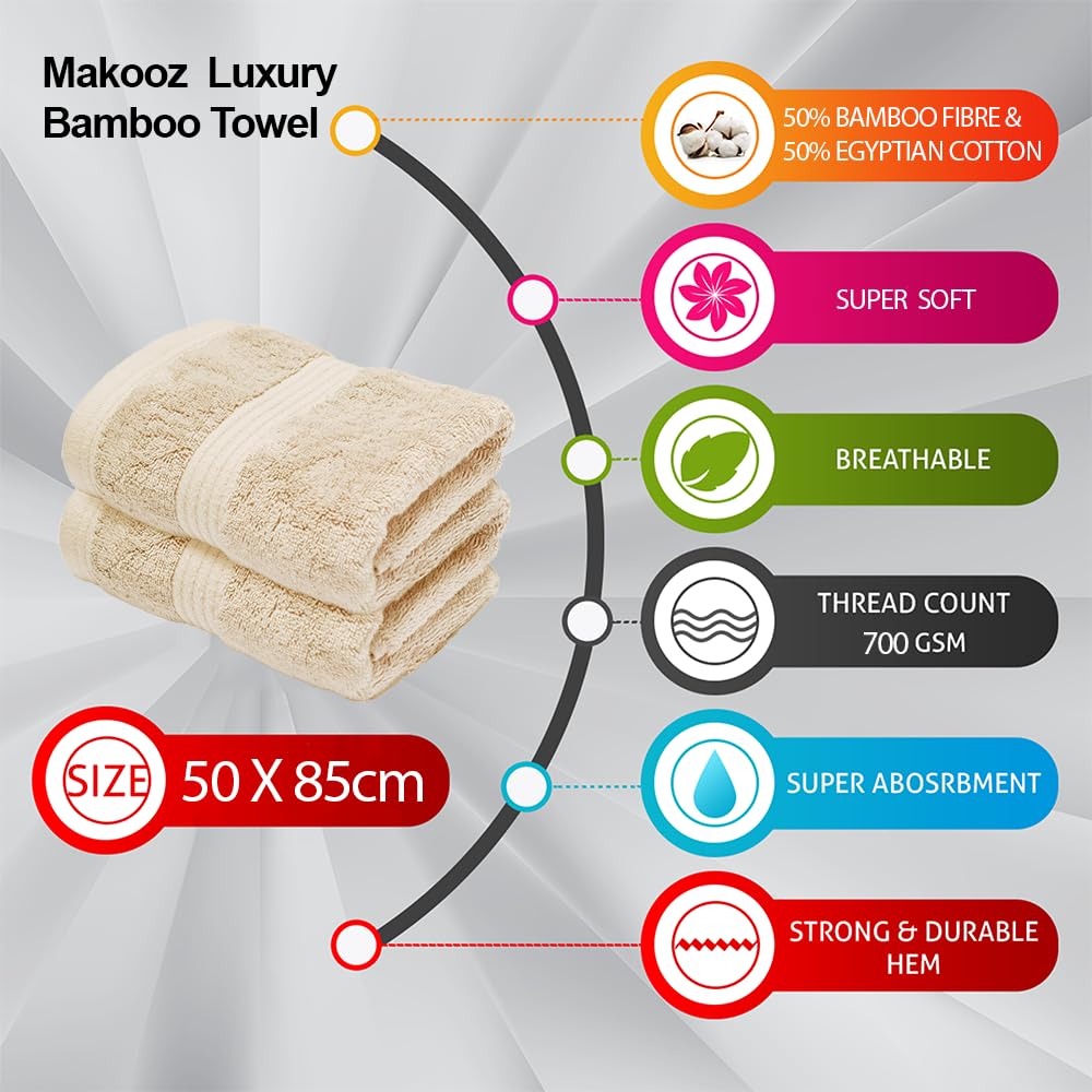 Makooz Luxurious Bamboo Hand Towels for Bathroom Pack of 2-700 GSM Bamboo & Egyptian Cotton 50/50 Blend - Ultra Silky Soft, Quick Dry, Absorbent