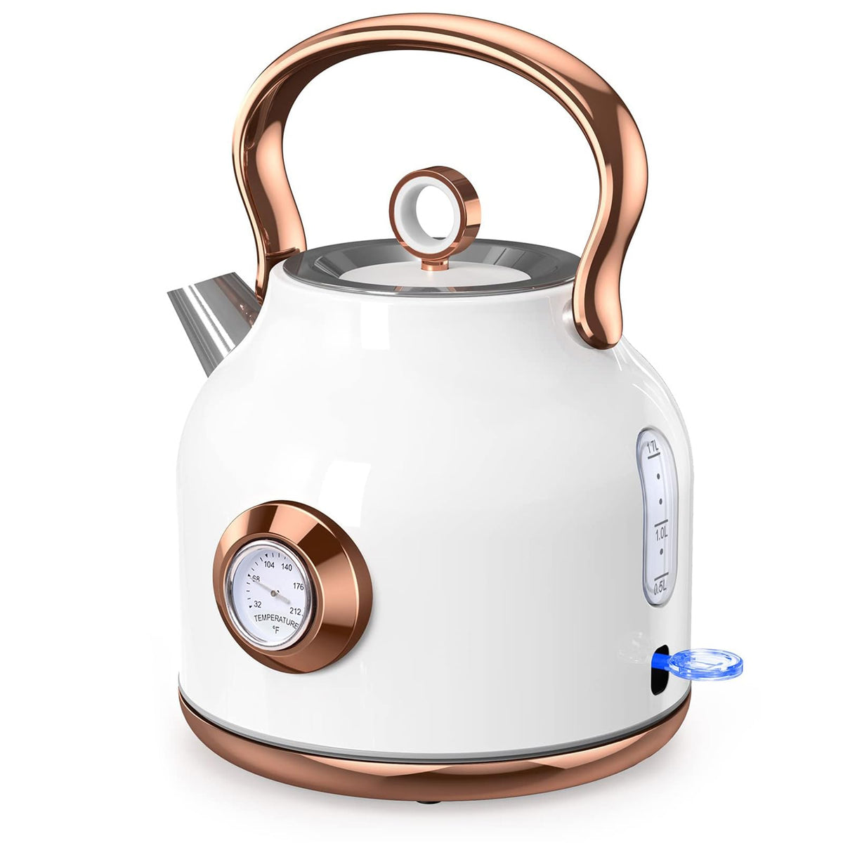 Retro Electric Kettle, 1.7L Stainless Steel Tea Kettle with Large Temperature Gauge, 2200W Fast Heating Hot Water Boiler with LED Indicator, Auto