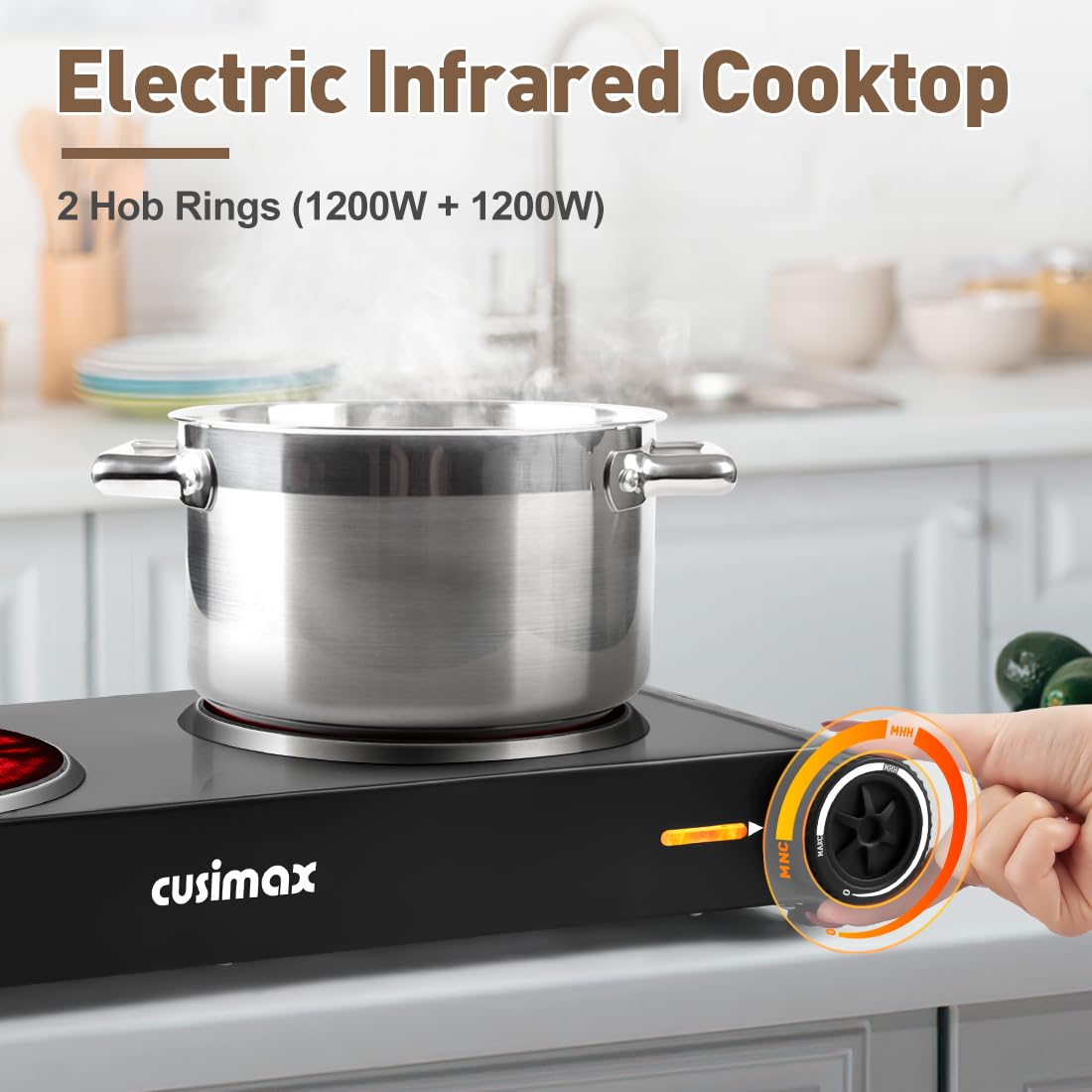 CUSIMAX Double Hobs with Concealed Handle, 2400W Electric Hob, Hot Plate for Cooking Portable Infrared Cooktop, Camping Hob, Dual Temperature