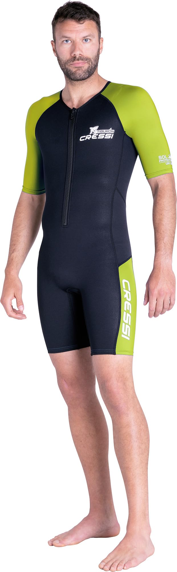 CRESSI Tiburon Man Shorty Wetsuit Black/Fluo Lime 2mm S/2 - Men's 2mm Neoprene and Elastane Shorty Wetsuit, YKK Front Zip, Black/Fluo Lime, S/2