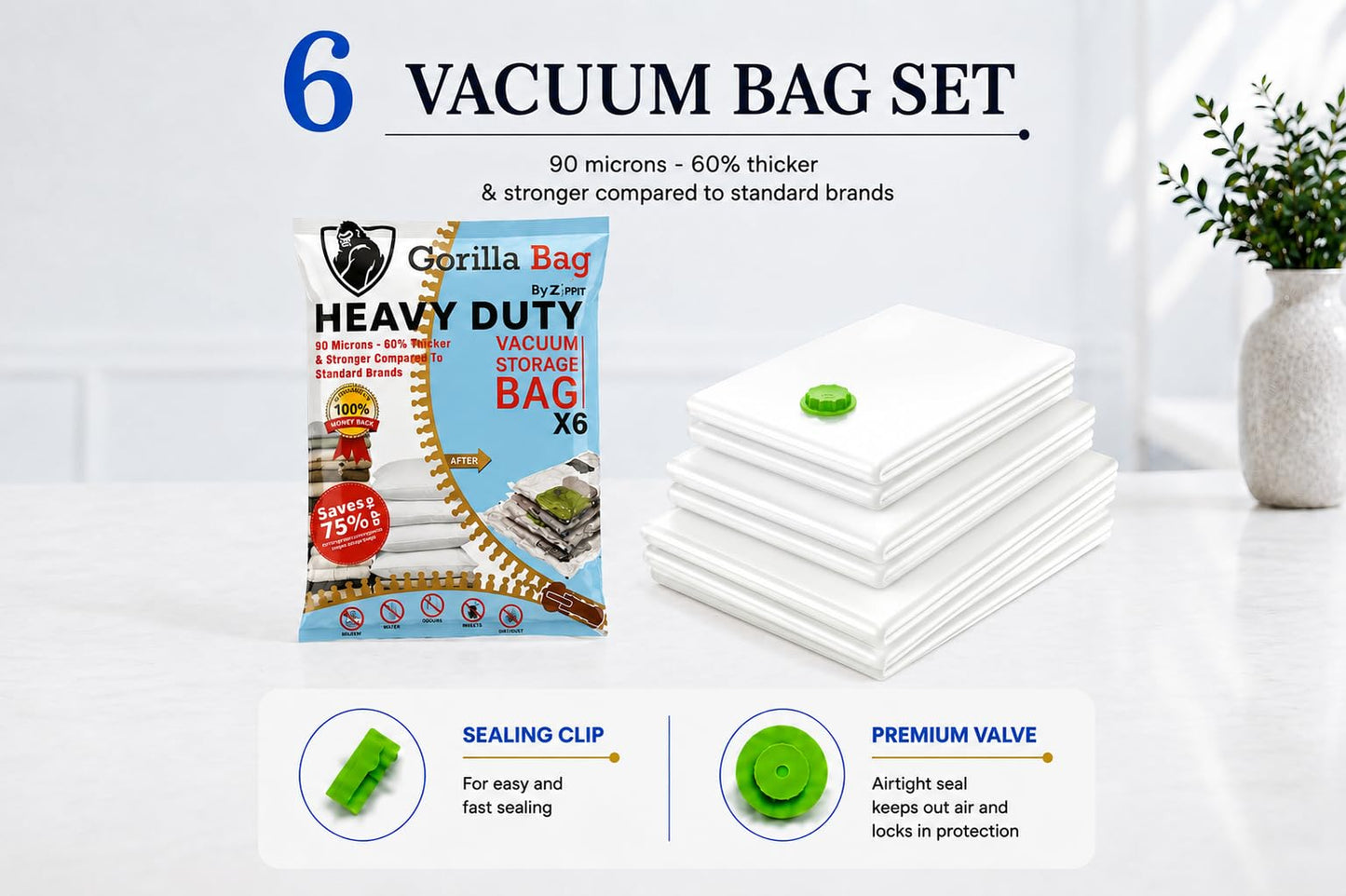 HEAVY DUTY 6 VACUUM STORAGE BAGS by Gorilla Bags. 2 Large (100x80cm), 2 Medium (60x80cm), 2 Small