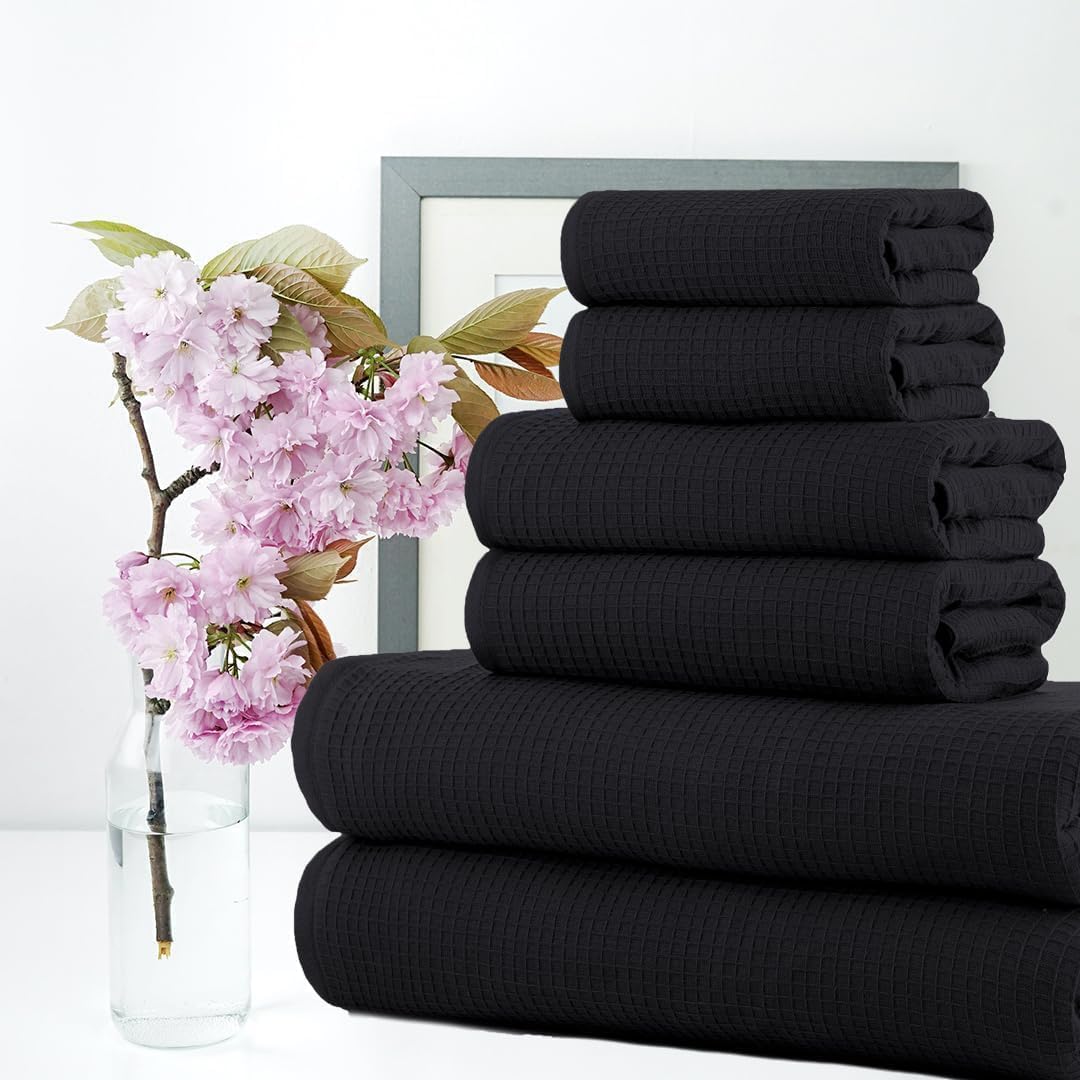 CASA COPENHAGEN Waffle Terry 6-piece set, cotton, extra large, luxurious, black, 2 bath towels XL, 70x140 cm, 2 large hand towels, 50x80 cm