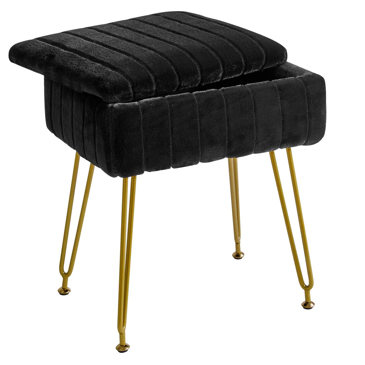 IBUYKE Vanity Stool Chair with Storage, Faux Fur Ottoman, Black L/G-50B