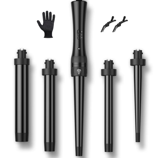 Hair Curling Wand Iron Tongs with Anti-Scald Head, 5 in 1 Hair Curler for Long Hair 10mm-32mm with 2 Crocodile Clips 1 Anti-Scald Silicone Gloves, PTC