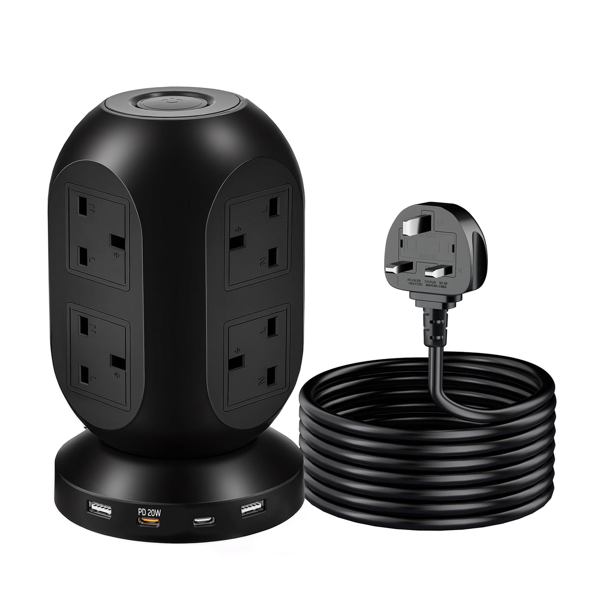 Tower Extension Lead-Power Strips with USB Ports with 8 Outlets and 2 USB Ports,2USB-C(PD20W)Power Tower Extension,Extension Cable with 6 Feet