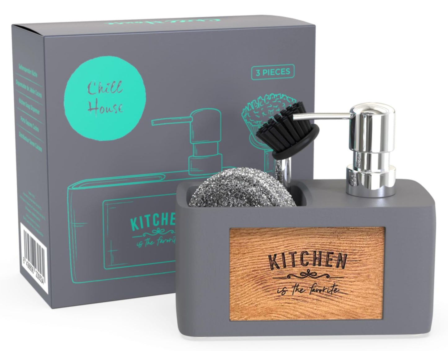 CHILL HOUSE Grey Soap Dispenser – Sink Organizer – Kitchen Accessories – Fairy Dispenser