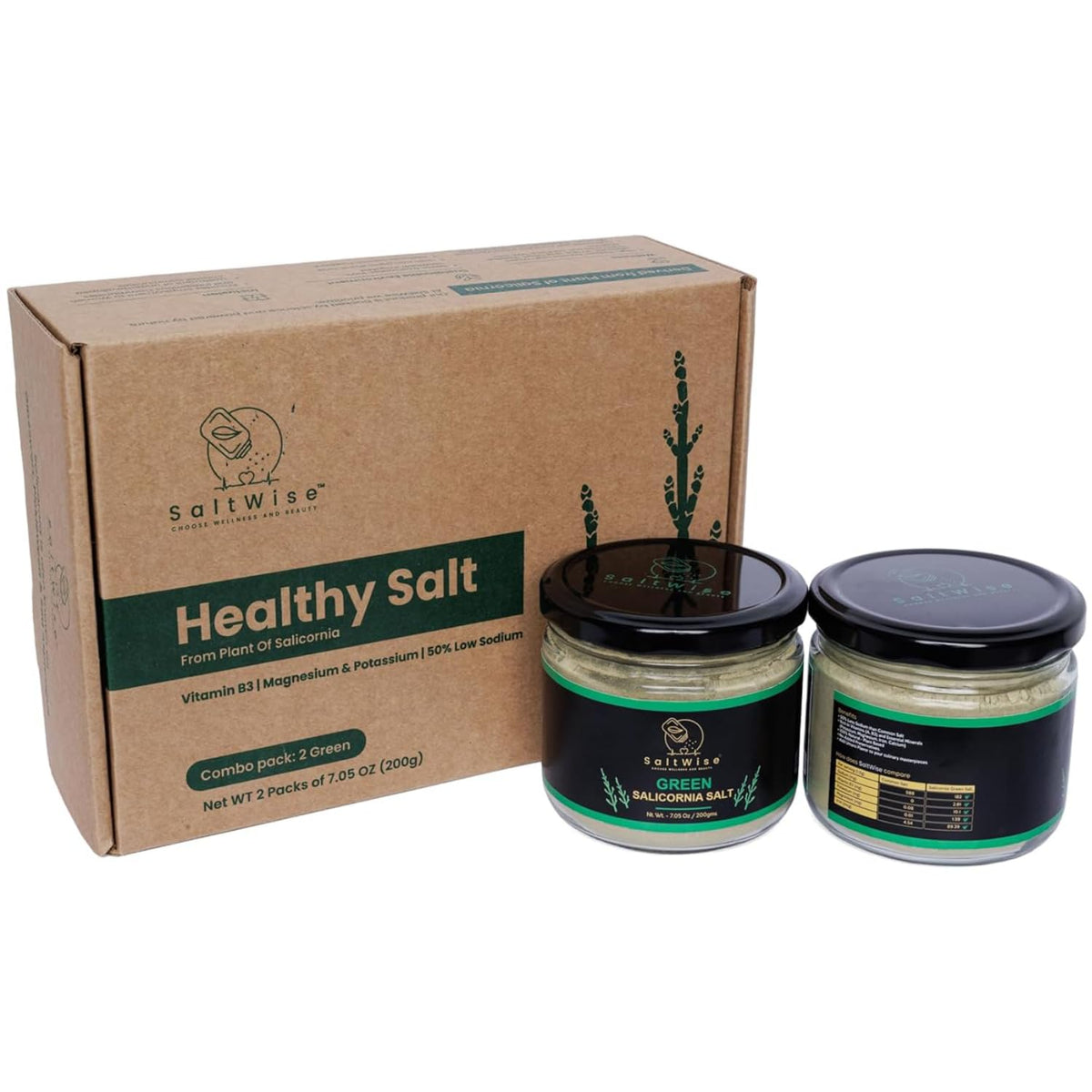 SaltWise Green Salt, Gourmet Chef?s Jar 2-Pack ? 50% Less Sodium, Plant-Based Salt Substitute, 100% Dehydrated Salicornia (Sea Beans), Natural Umami,