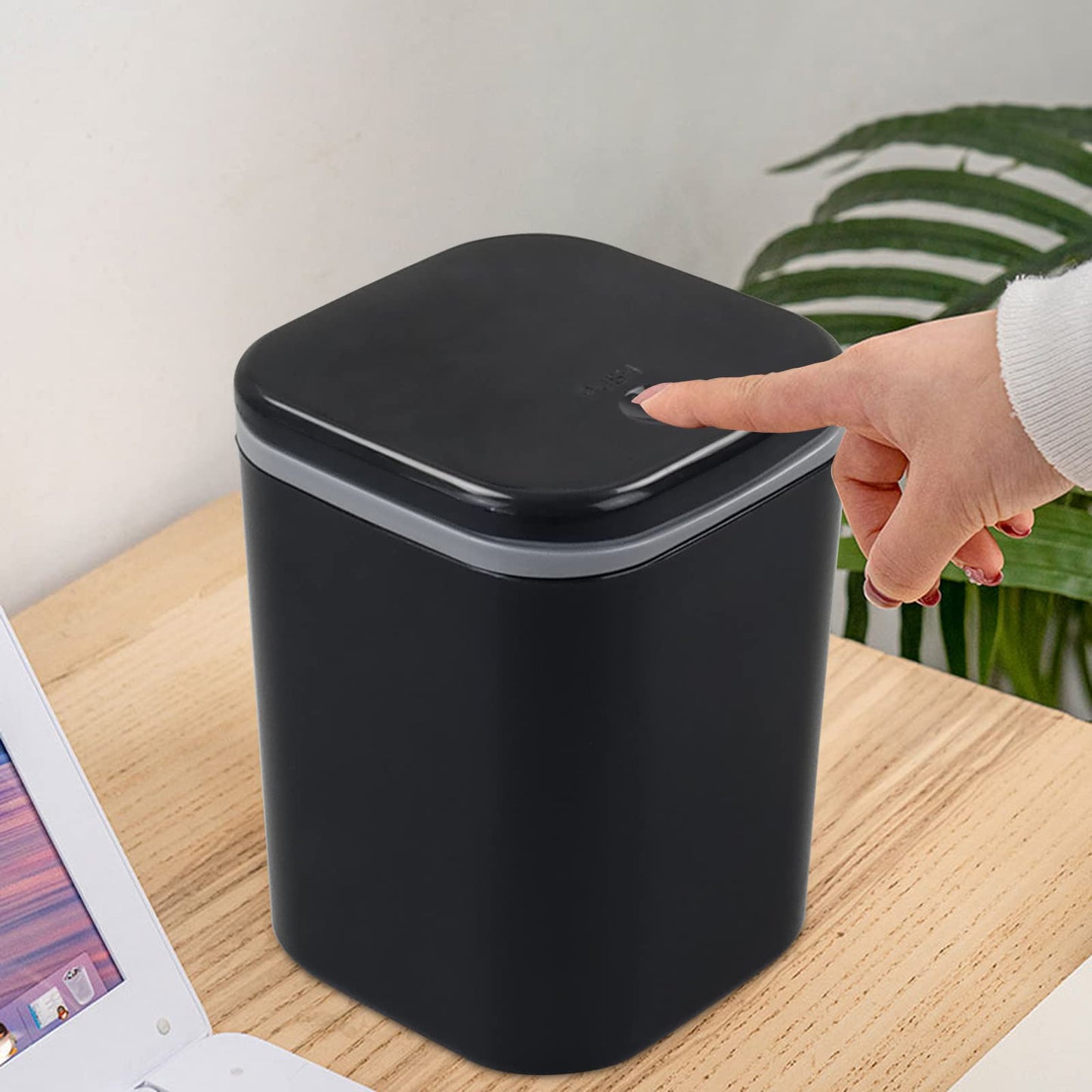 Bringer 2L Mini Trash Bin with Push Button Lid, 0.5 Gallon Plastic Desktop Trash Can with Lid, Black