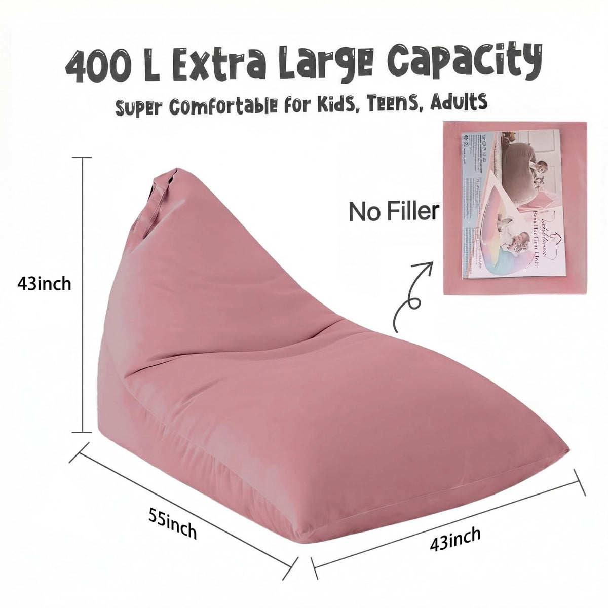 Nobildonna 4ft Bean Bag Chair Cover (No Filler) for Adults, 400L Extra Large Triangular Beanbag Chair Cover