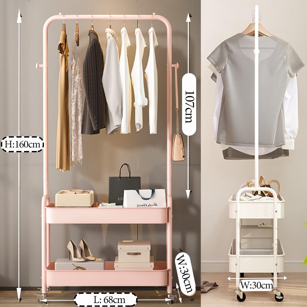 BSTHOK Clothes Rack Metal Rail Coat rack for bedroom Heavy Duty Clothing Garment 2-Tier Storage Shelves with small wheels Organiser 68cm Width