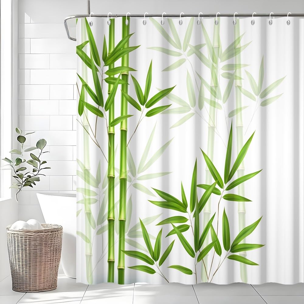 Uiiooazy Bamboo Shower Curtain, Zen Green Leaves Spa Bath Curtain Mildew and Mould Resistant Waterproof Polyester Fabric Washable Opaque Shower