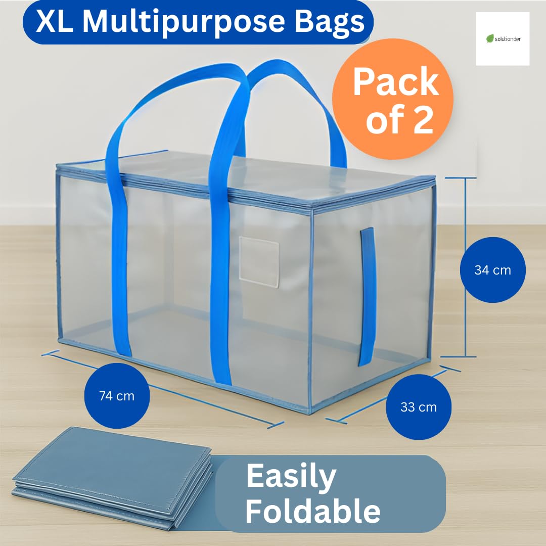 Pack of 2 Clear Heavy Duty Extra Large Moving Bags with Zipper & Handles – Reusable Foldable Storage Bags for Clothes, Laundry, Camping Gear