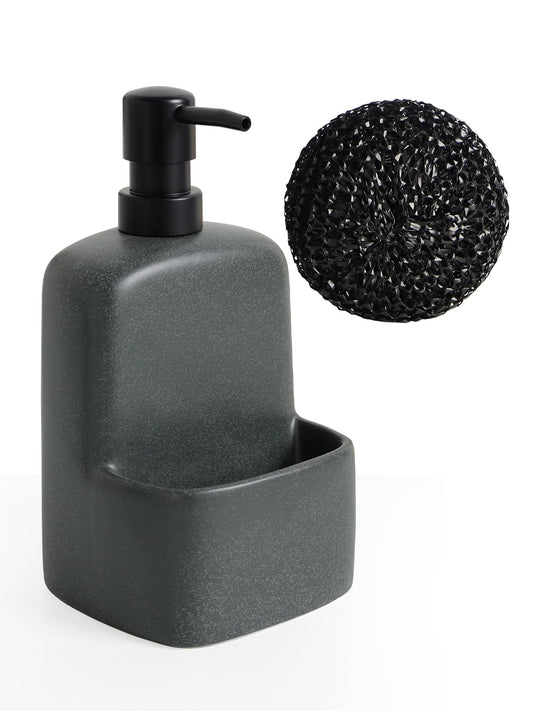 Autumnlife Soap Dispenser, Dark Grey, Ceramic Detergent Dispenser with Sponge Holder for Kitchen, Refillable Matt Soap Dispenser, Large Liquid Hand