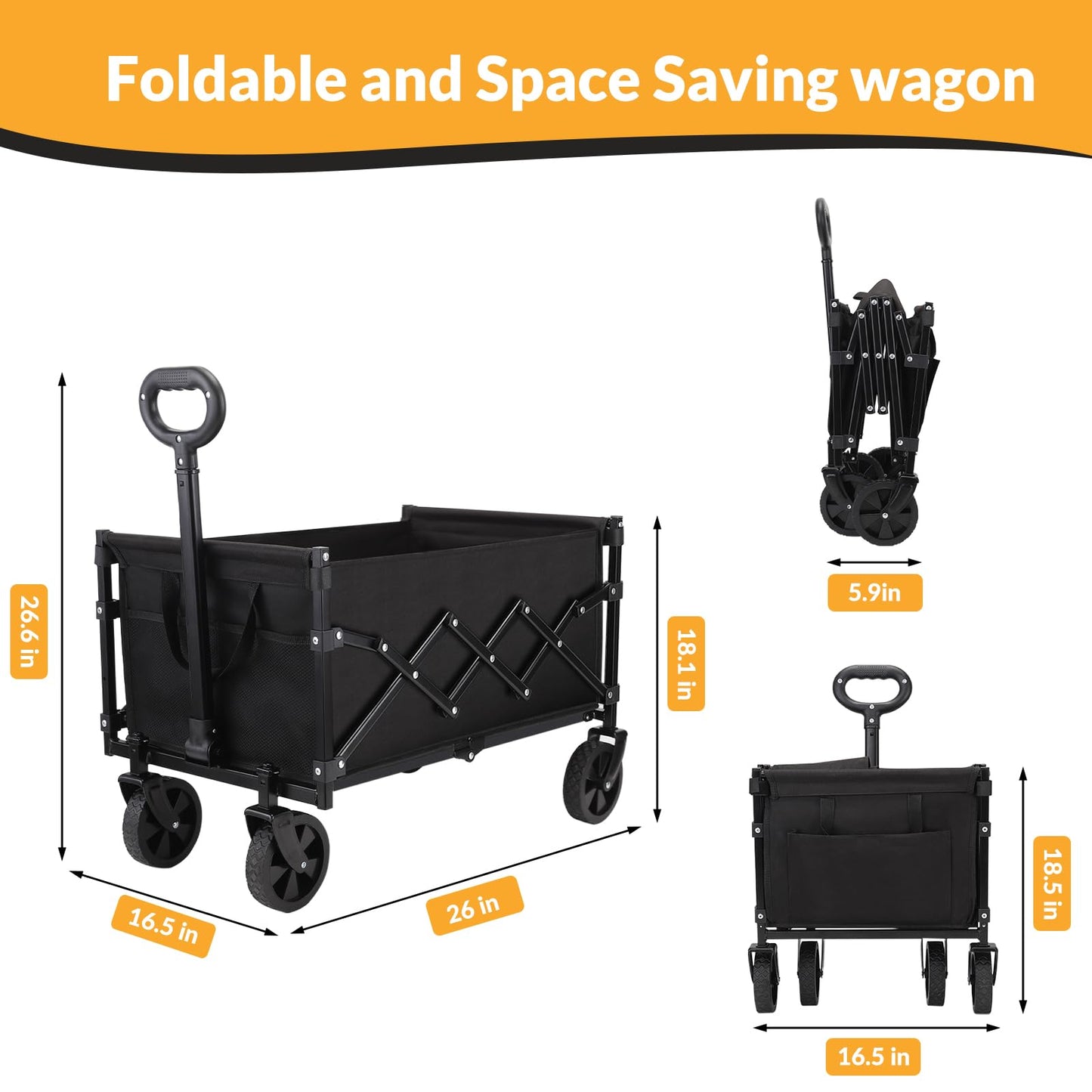 RYGEO Festival Trolley Foldable Utility Wagon Cart with Wheels and Telescopic Handle for Gardening, Camping, Shopping and Outdoor Sport