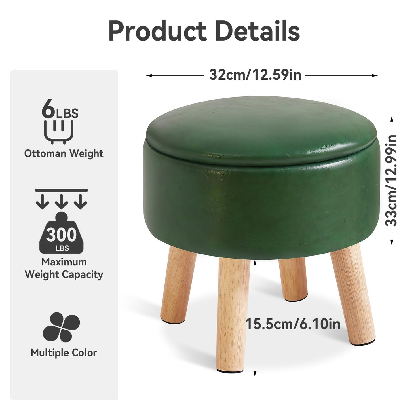 IBUYKE 13 Inch Small Footstool Ottoman with Storage, Round Pouffe Foot Rest with Padded Seat and Wood Legs