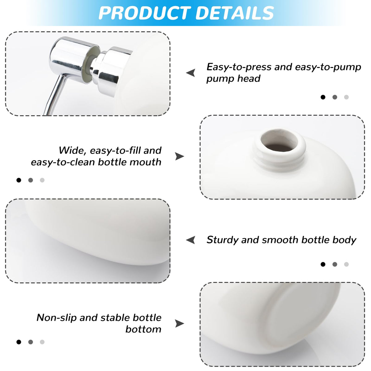 450ml White Oval Ceramic Soap Dispenser, Rustproof Silver Pump Refillable Lotion Bottle, Wide‑Mouth for Liquid Soap Shampoo Dish Soap