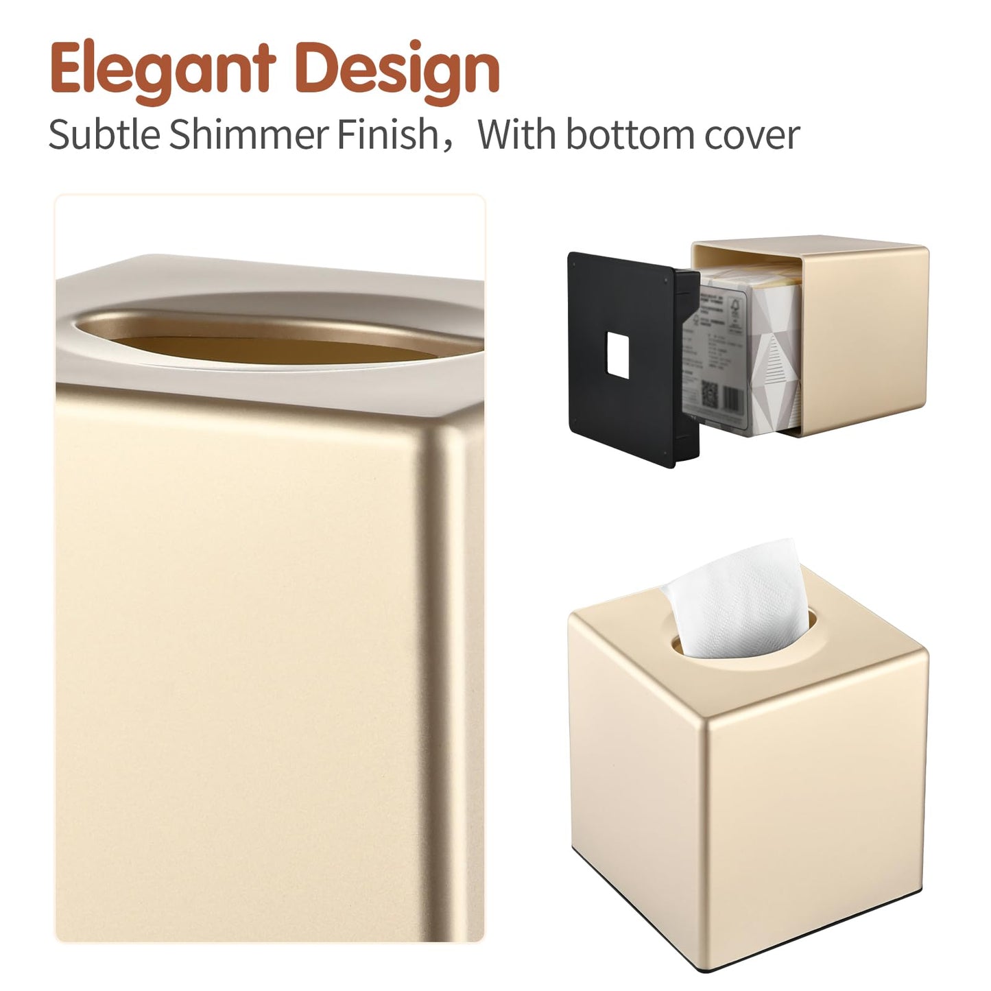 Y-in Hand Tissue Box Cover, Square Facial Tissue Holder Storage for Bathroom Vanity, Countertops, Dressers, Night Stand, Parlors and Offices - Gold