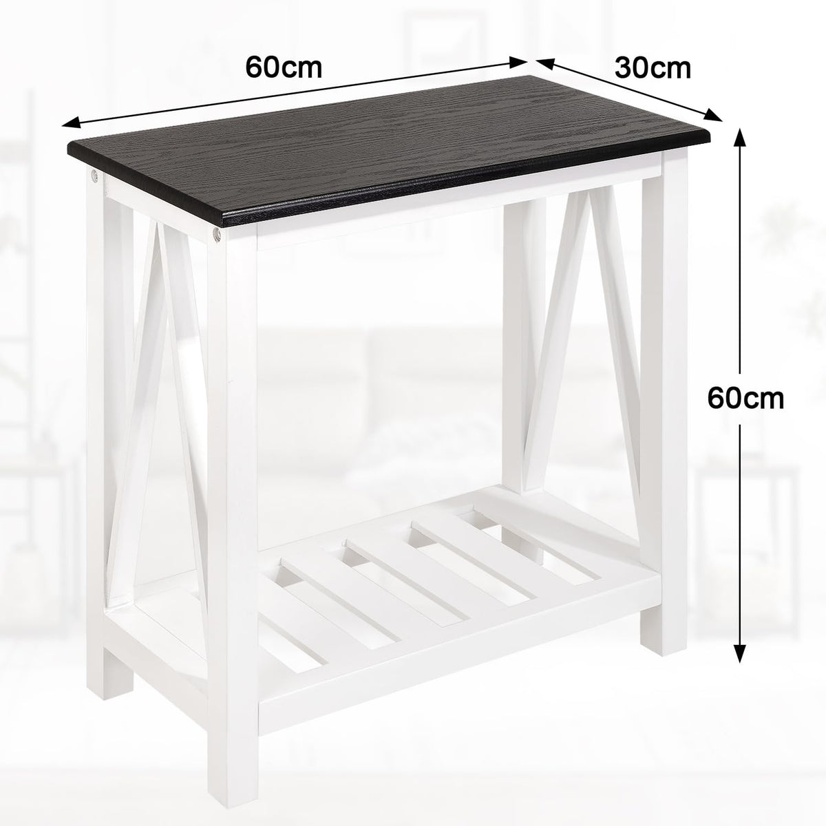 FEUFOAM Farmhouse End Side Table Wood Frame Narrow Side Table with Shelves Black White Rectangular Night Stand Sofa Table for Couch, Small Spaces