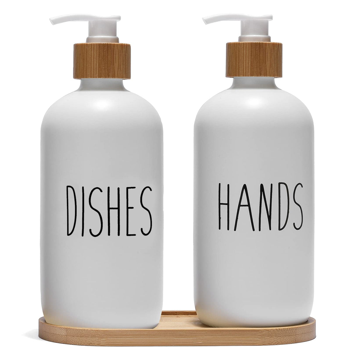 FEILANDUO Glass Soap Dispenser Set - Bamboo Pump & Tray, Washing Up Liquid Dispenser for Kitchen Sink, Hand Soap Bottle for Bathroom, Farmhouse Glass