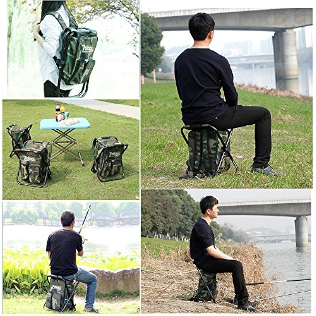 Zology Folding Camping Chair Stool Backpack with Cooler Insulated Picnic Bag, Camouflage Portable Hiking Seat Table Bag for Outdoor Indoor Fishing Travel Beach BBQ