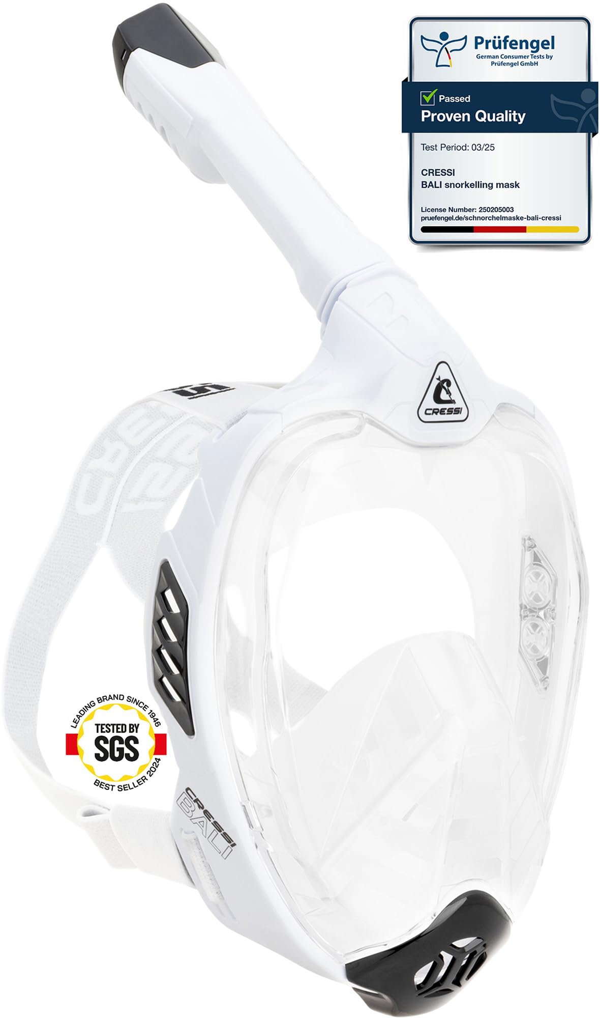 CRESSI Bali Full Face Mask White/Black L/XL - Unisex Integral Snorkel Mask, Anti Fog Clear Lens, 100% Silicone, Dry Snorkel with Float Valve, Action