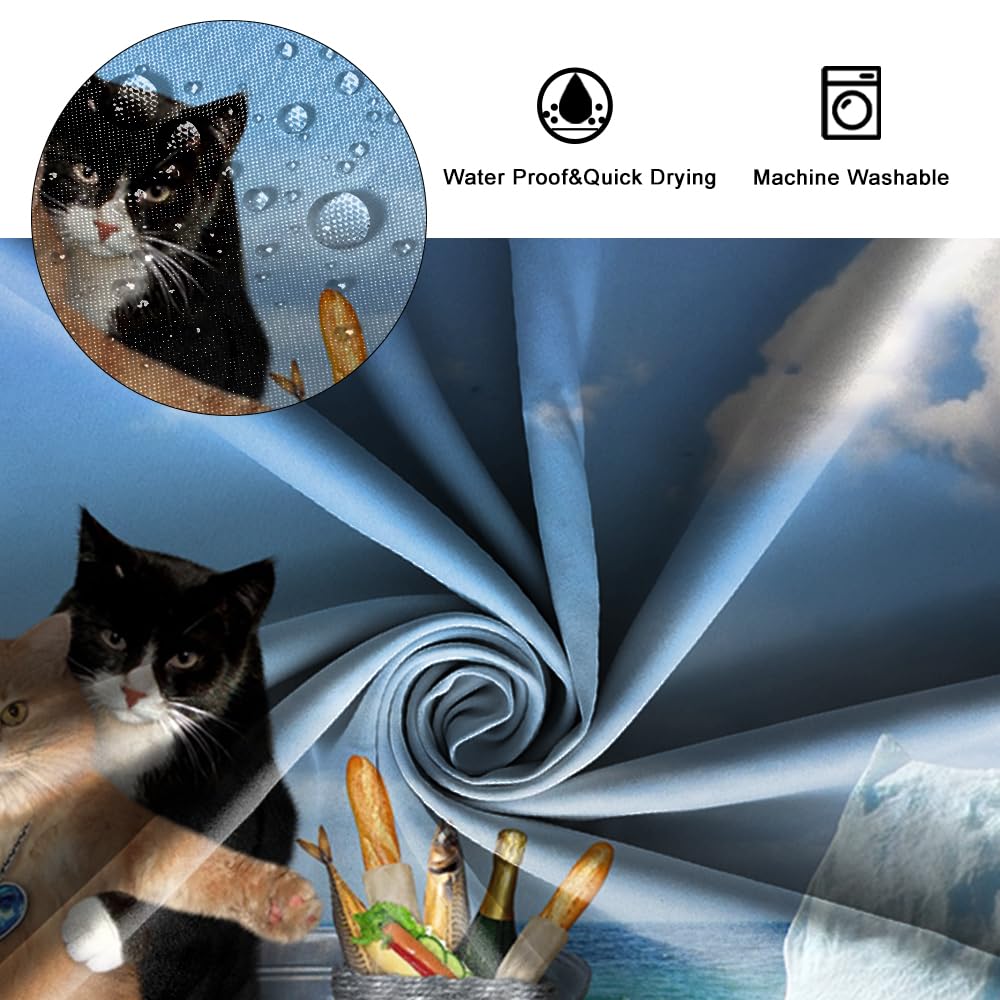 SDOTPMT 122x183cm Cute Cat Shower Curtain Funny Pet Kitty Couple Cosplay Boat South Pole Penguin Bath Curtain Blue Ocean Bathtub Curtain for Kids