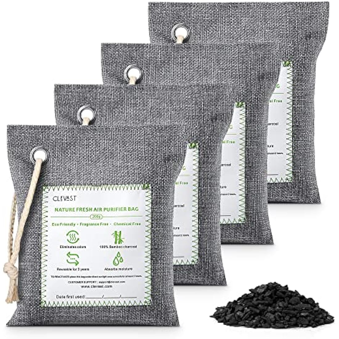 CLEVAST Bamboo Charcoal Air Purifying Bags (Large, 4×200g), Removes Odors and Moisture, Nature Fresh Air Purifier Bags, Odor Eliminator for Home, Car, Pets, Bathroom, Basement